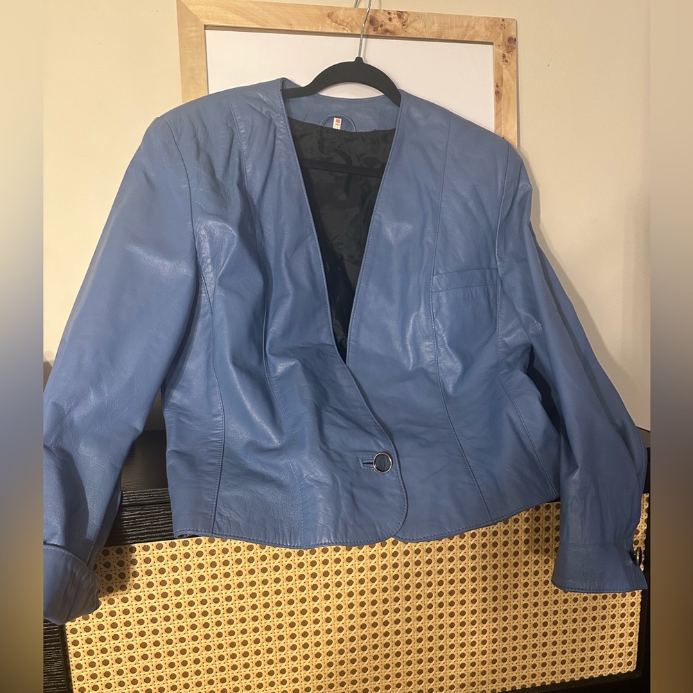 Light Blue Women's Napa leather Jacket with shoulder pads and button detail
